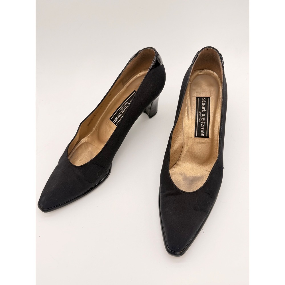 Stuart Weitzman Black Fabric Pointed Toe Pumps Patent Heel Accent 7.5 AA 46314